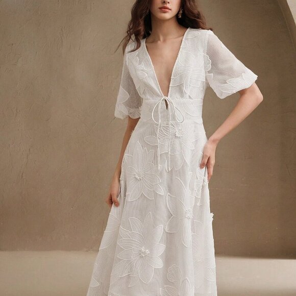 White Elegant Women's Floral Embellished Mid-Sleeve Midi Dress - Picture 6 of 6